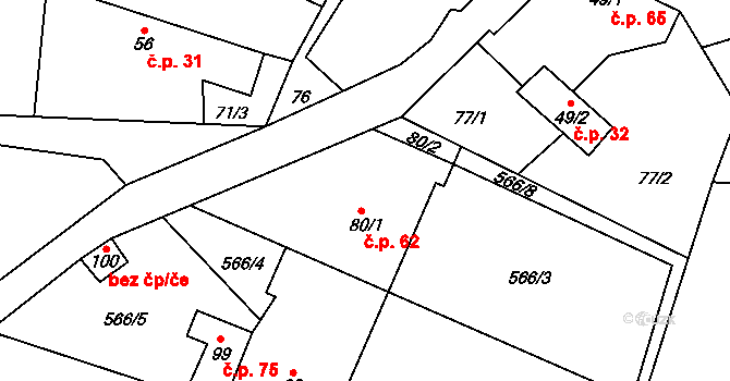 Petrovice 62, Humpolec na parcele st. 80/1 v KÚ Petrovice u Humpolce, Katastrální mapa