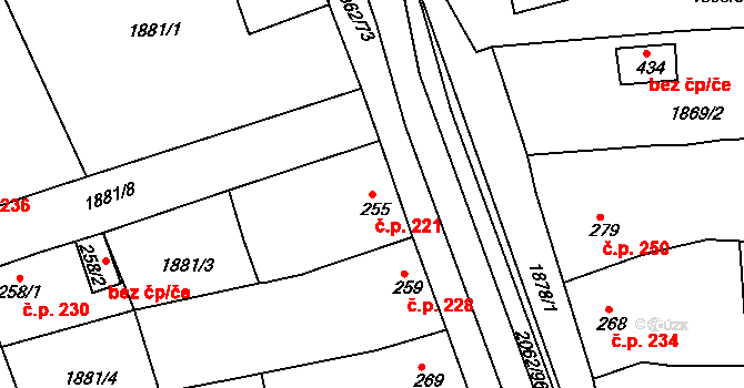 Merklín 221 na parcele st. 255 v KÚ Merklín u Přeštic, Katastrální mapa