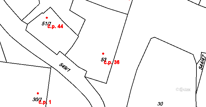 Miletice 36, Černuc na parcele st. 53 v KÚ Miletice u Velvar, Katastrální mapa