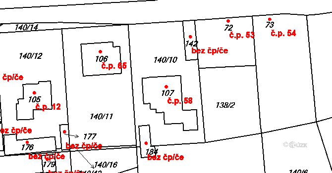 Žižice 58 na parcele st. 107 v KÚ Žižice, Katastrální mapa