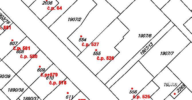 Tišnov 526 na parcele st. 555 v KÚ Tišnov, Katastrální mapa