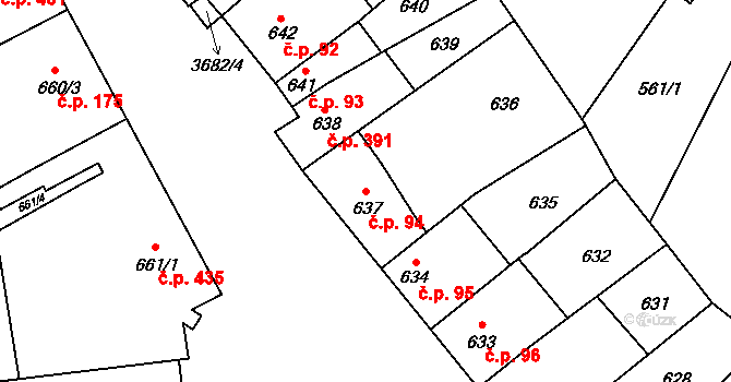 Vyškov-Předměstí 94, Vyškov na parcele st. 637 v KÚ Vyškov, Katastrální mapa