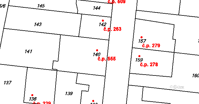 Kosmonosy 555 na parcele st. 140 v KÚ Kosmonosy, Katastrální mapa
