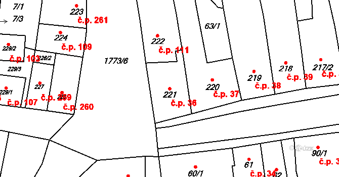 Libochovice 36 na parcele st. 221 v KÚ Libochovice, Katastrální mapa