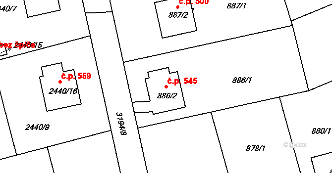 Planá nad Lužnicí 545 na parcele st. 886/2 v KÚ Planá nad Lužnicí, Katastrální mapa