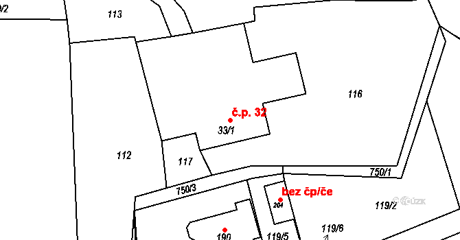 Rviště 32, Orlické Podhůří na parcele st. 33/1 v KÚ Rviště, Katastrální mapa