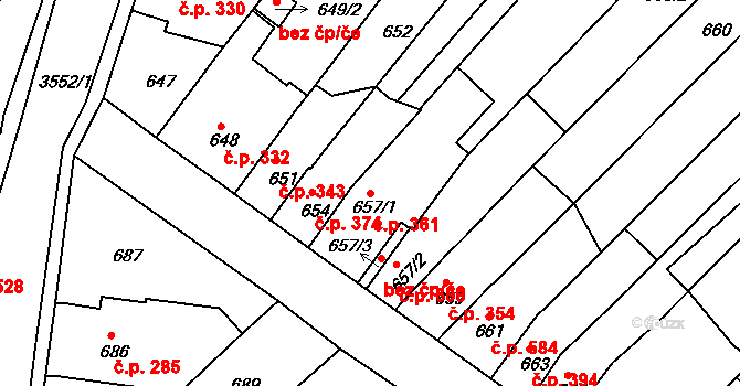Bosonohy 361, Brno na parcele st. 657/1 v KÚ Bosonohy, Katastrální mapa