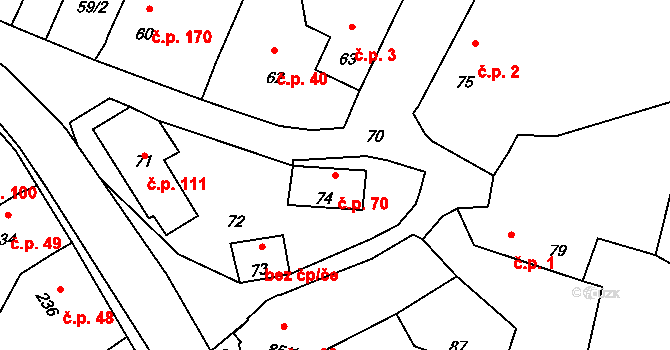Šebrov 70, Šebrov-Kateřina na parcele st. 74 v KÚ Šebrov, Katastrální mapa