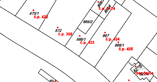 Teplice 423 na parcele st. 868/1 v KÚ Teplice, Katastrální mapa