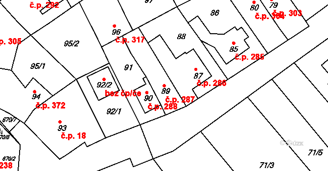 Svatava 287 na parcele st. 89 v KÚ Svatava, Katastrální mapa