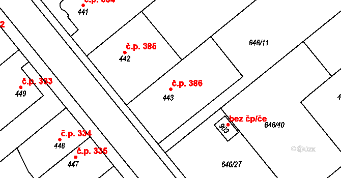 Borohrádek 386 na parcele st. 443 v KÚ Borohrádek, Katastrální mapa