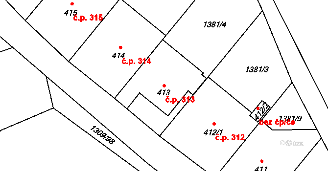 Solnice 313 na parcele st. 413 v KÚ Solnice, Katastrální mapa