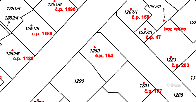 Kunratice 154, Praha na parcele st. 1289/1 v KÚ Kunratice, Katastrální mapa