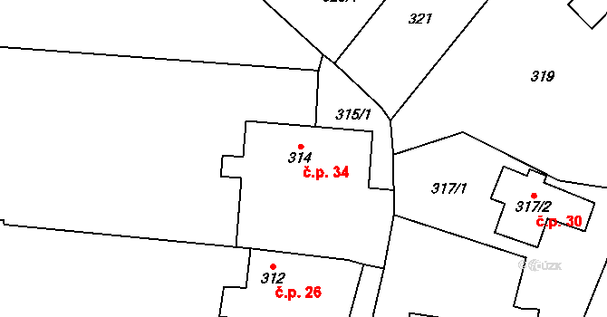 Dolní Chabry 34, Praha na parcele st. 314 v KÚ Dolní Chabry, Katastrální mapa