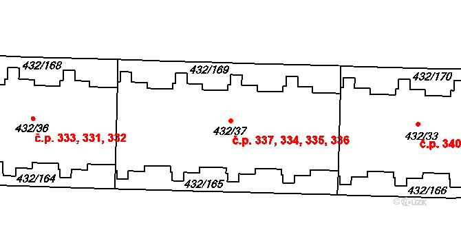 Petrovice 334,335,336,337, Praha na parcele st. 432/37 v KÚ Petrovice, Katastrální mapa