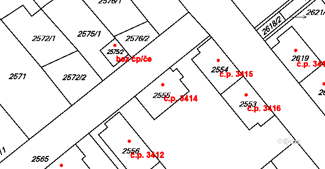 Chomutov 3414 na parcele st. 2555 v KÚ Chomutov II, Katastrální mapa