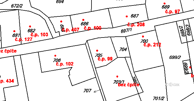 Týnec nad Labem 99 na parcele st. 705 v KÚ Týnec nad Labem, Katastrální mapa