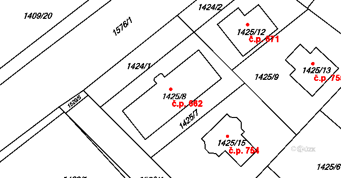 Vinoř 662, Praha na parcele st. 1425/8 v KÚ Vinoř, Katastrální mapa