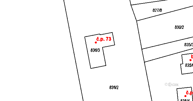 Černý Dub 73, Homole na parcele st. 836/3 v KÚ Homole, Katastrální mapa