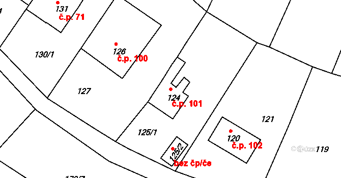 Pětipsy 101 na parcele st. 124 v KÚ Pětipsy, Katastrální mapa
