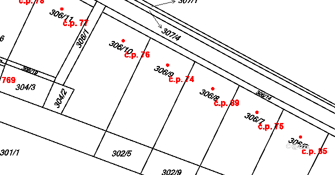 Sadová 74, Brno na parcele st. 306/9 v KÚ Sadová, Katastrální mapa