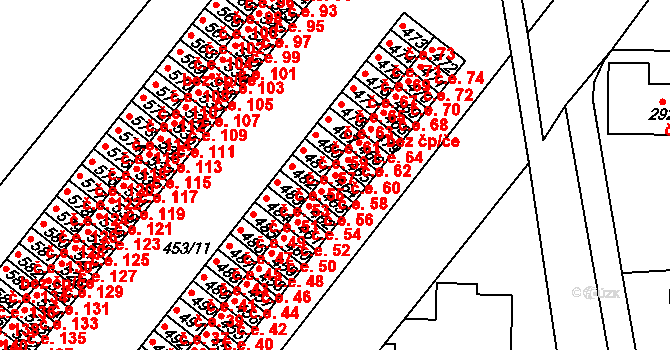 Rybitví 58 na parcele st. 464 v KÚ Rybitví, Katastrální mapa