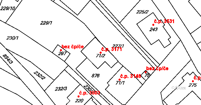 Znojmo 3171 na parcele st. 71/2 v KÚ Znojmo-Hradiště, Katastrální mapa