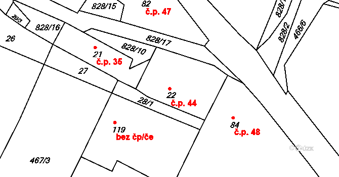 Cerhonice 44 na parcele st. 22 v KÚ Cerhonice, Katastrální mapa