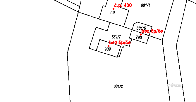 Kamenice 41960548 na parcele st. 939 v KÚ Ládví, Katastrální mapa