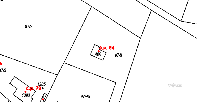 Rajchardov 54, Hradištko na parcele st. 486 v KÚ Hradištko pod Medníkem, Katastrální mapa