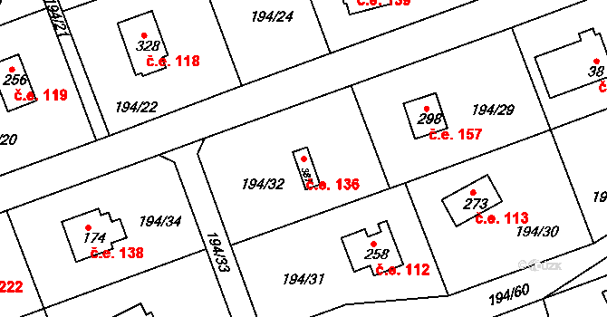 Řitka 136 na parcele st. 387 v KÚ Řitka, Katastrální mapa