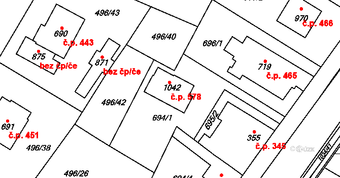 Sendražice 578, Kolín na parcele st. 1042 v KÚ Sendražice u Kolína, Katastrální mapa