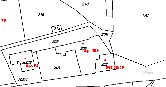 Černčice 105 na parcele st. 203 v KÚ Černčice, Katastrální mapa