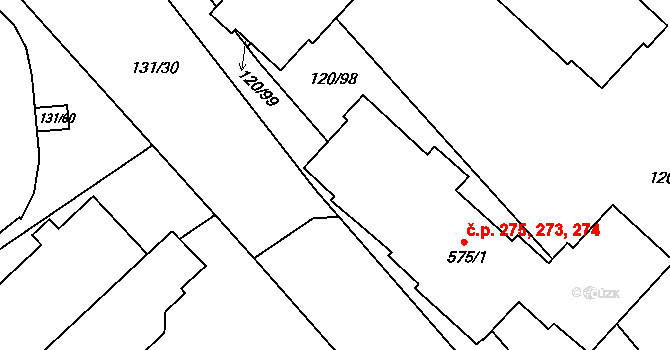 Trnová 273,274,275, Pardubice na parcele st. 575/1 v KÚ Trnová, Katastrální mapa