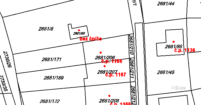 Bučovice 1166 na parcele st. 2681/206 v KÚ Bučovice, Katastrální mapa