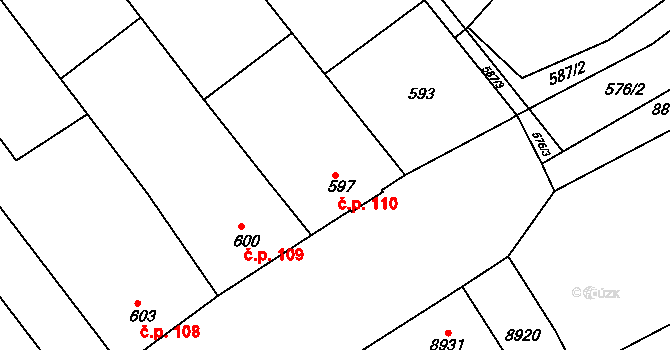 Oleksovice 110 na parcele st. 597 v KÚ Oleksovice, Katastrální mapa