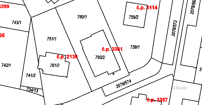 Záběhlice 3361, Praha na parcele st. 760/2 v KÚ Záběhlice, Katastrální mapa
