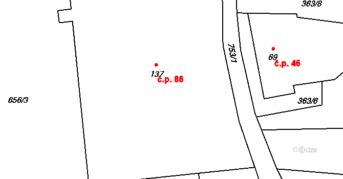 Hrabůvka 86 na parcele st. 137 v KÚ Hrabůvka u Hranic, Katastrální mapa