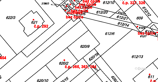 Žižkov 363,364,365, Kutná Hora na parcele st. 620/9 v KÚ Kutná Hora, Katastrální mapa