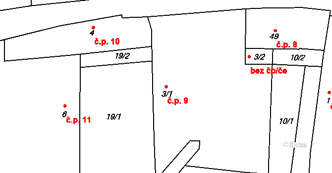 Miletín 9, Onomyšl na parcele st. 3/1 v KÚ Miletín u Onomyšle, Katastrální mapa