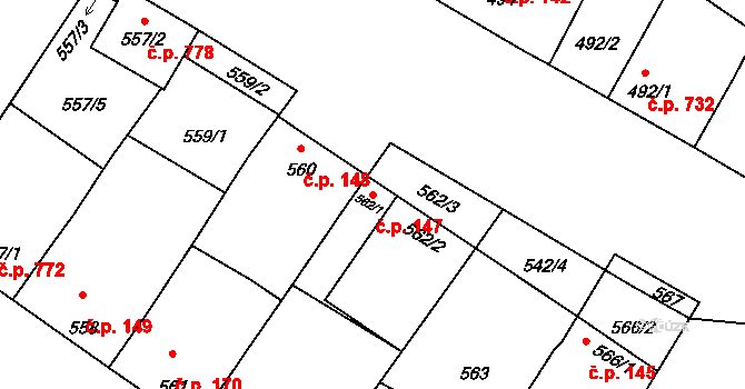 Vacenovice 147 na parcele st. 562/2 v KÚ Vacenovice u Kyjova, Katastrální mapa