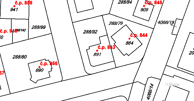 Kyjov 843 na parcele st. 891 v KÚ Kyjov, Katastrální mapa