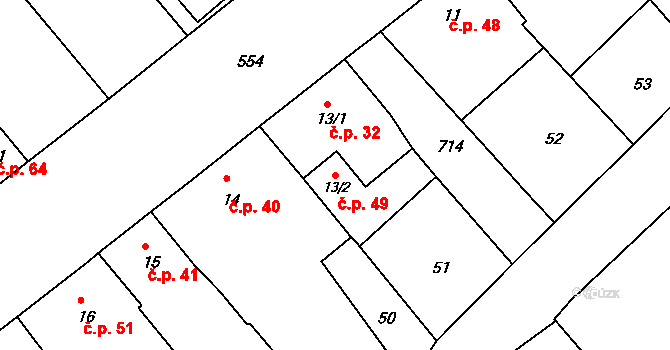Střížovice 49 na parcele st. 13/2 v KÚ Střížovice u Kvasic, Katastrální mapa