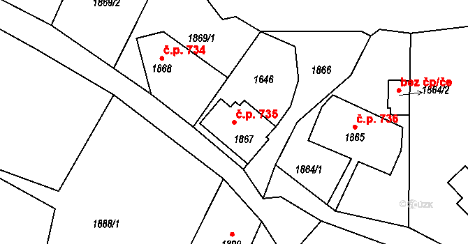 Raspenava 735 na parcele st. 1867 v KÚ Raspenava, Katastrální mapa