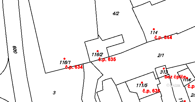Loučany 635 na parcele st. 116/2 v KÚ Loučany na Hané, Katastrální mapa