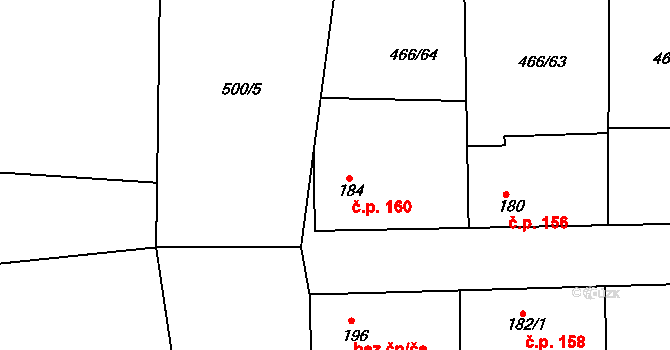 Broumy 160 na parcele st. 184 v KÚ Broumy, Katastrální mapa