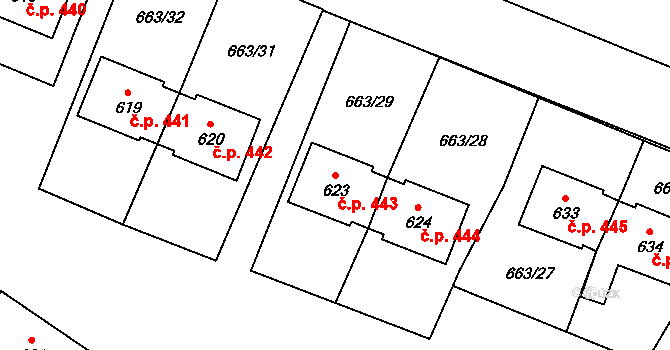 Milovice 443 na parcele st. 623 v KÚ Milovice nad Labem, Katastrální mapa