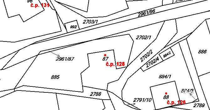 Dlouhá Loučka 128 na parcele st. 87 v KÚ Dlouhá Loučka, Katastrální mapa