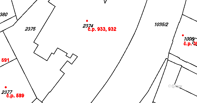 Černá Pole 932,933, Brno na parcele st. 2374 v KÚ Černá Pole, Katastrální mapa