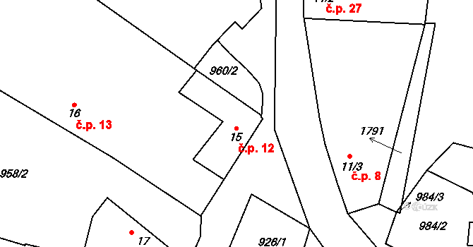 Sedlec 12, Temelín na parcele st. 15 v KÚ Sedlec u Temelína, Katastrální mapa